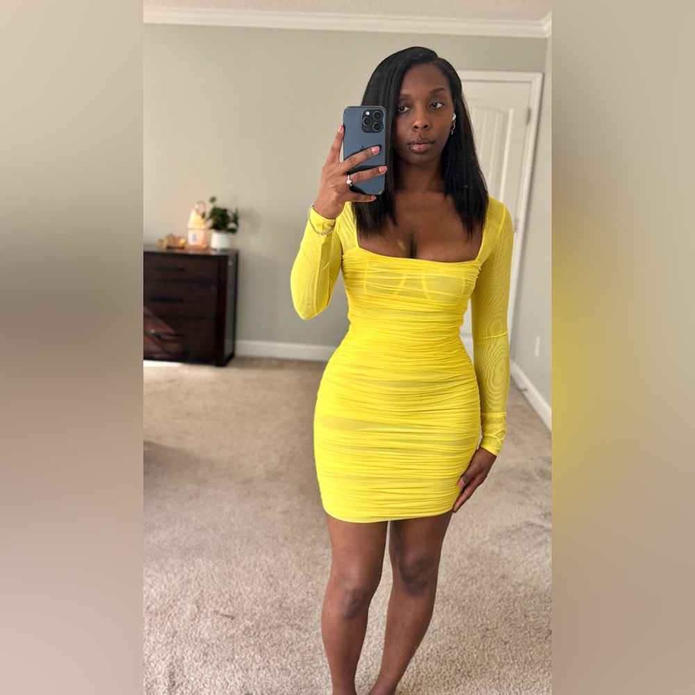 House of CB Yellow Ruched Mesh Mini Dress – Size M
